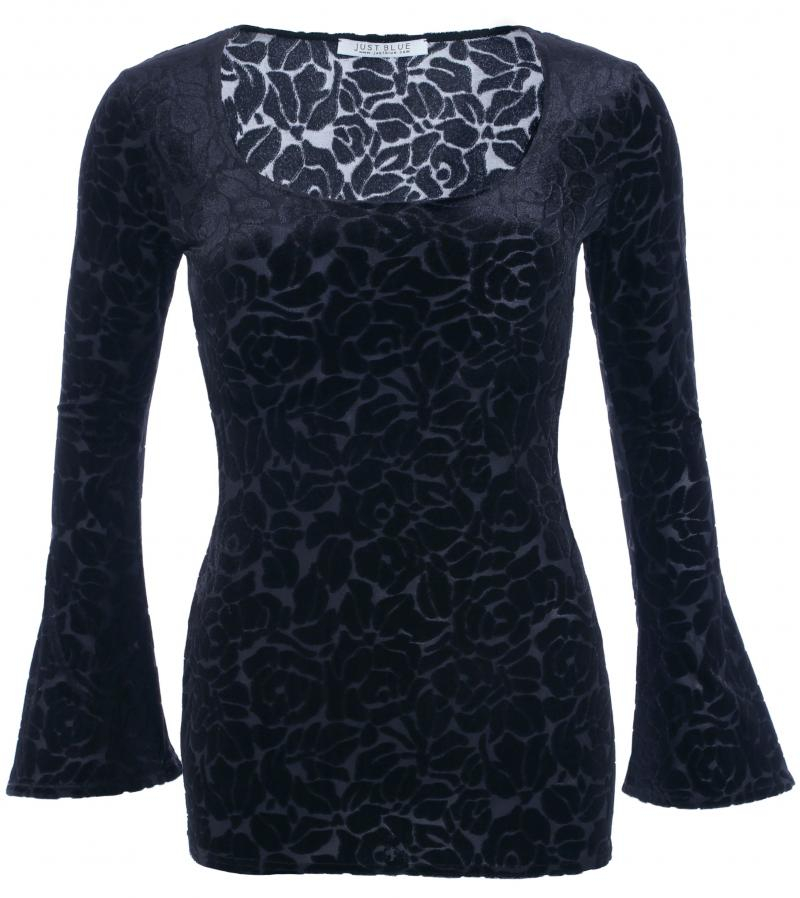 Navy Blue Velour Burn Out Bell Sleeve Top