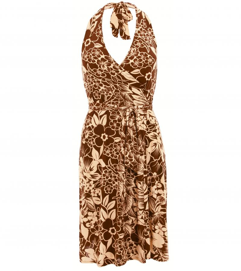 Beige Floral Halter Neck Wrap Dress