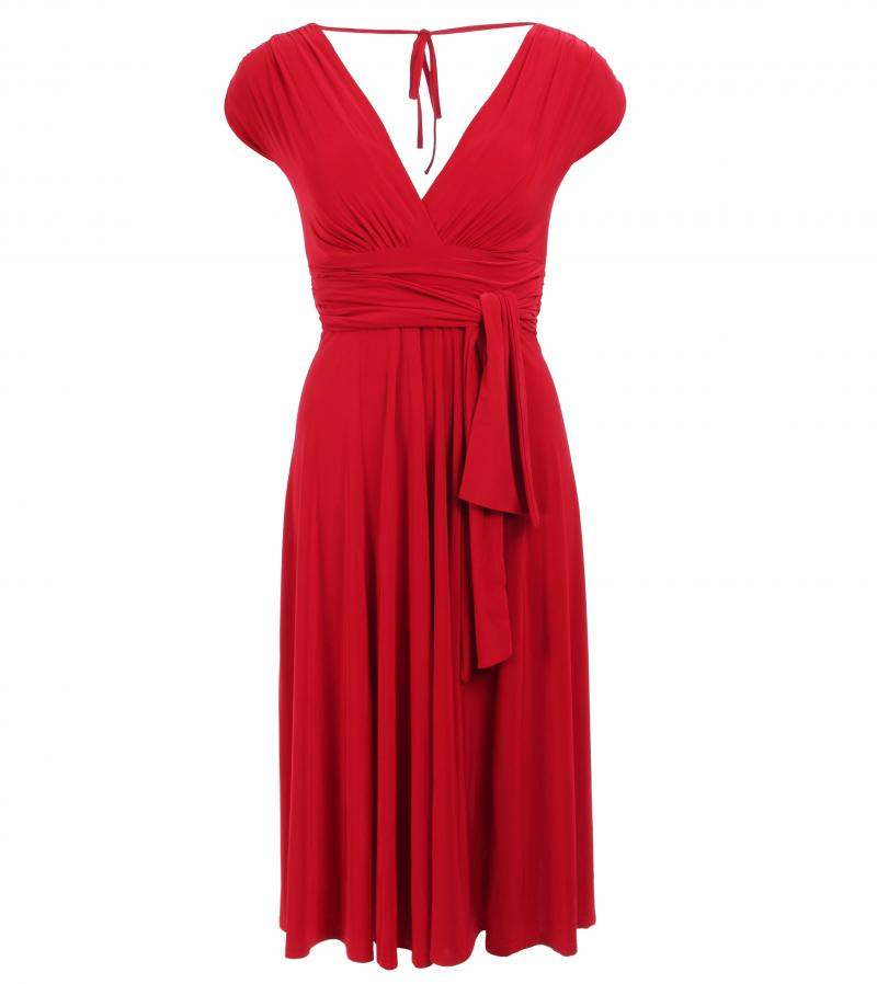Red V Neck Fit and Flare Dress
