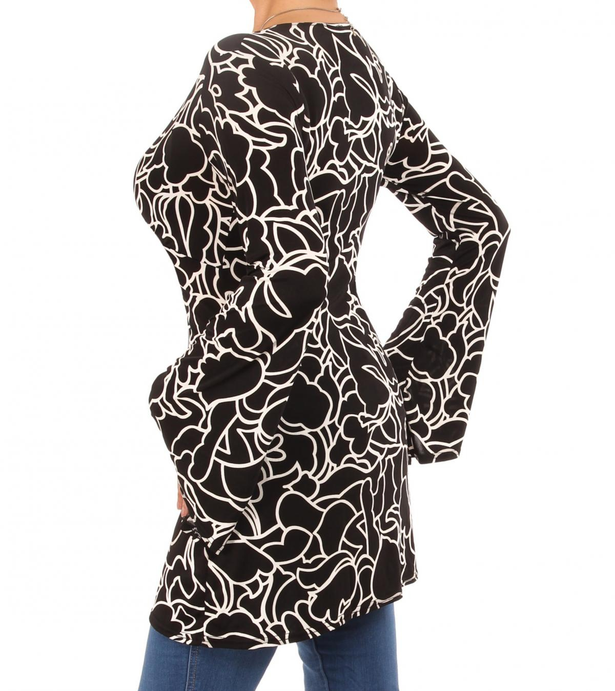 Black and White Squiggle Print Bell Sleeve Tunic Top