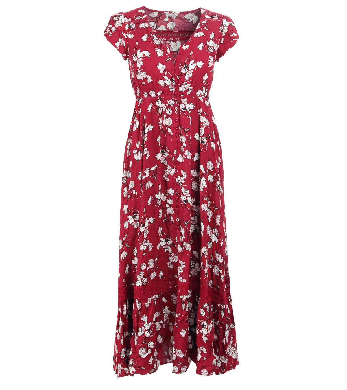 Red and White Floral Print Button Through Maxi Dress