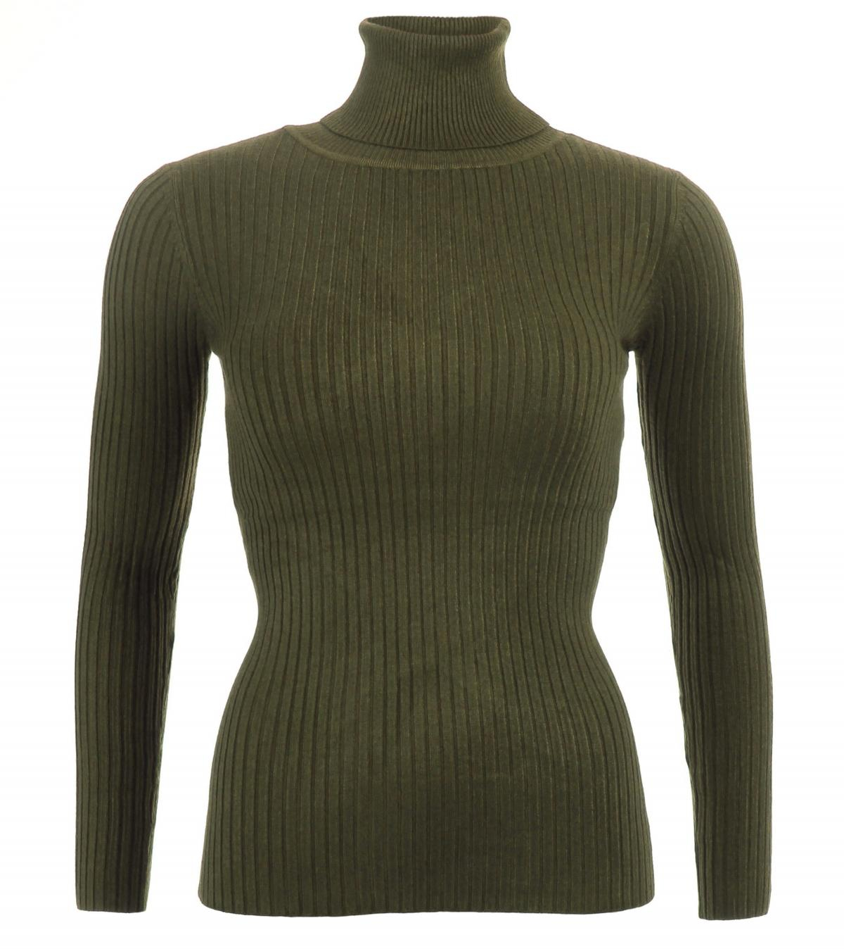 Army Green Ribbed Polo Neck Clingy Jumper