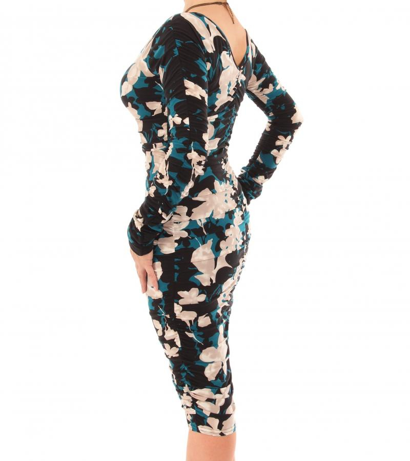 Teal Floral Ruched V Neck Dress