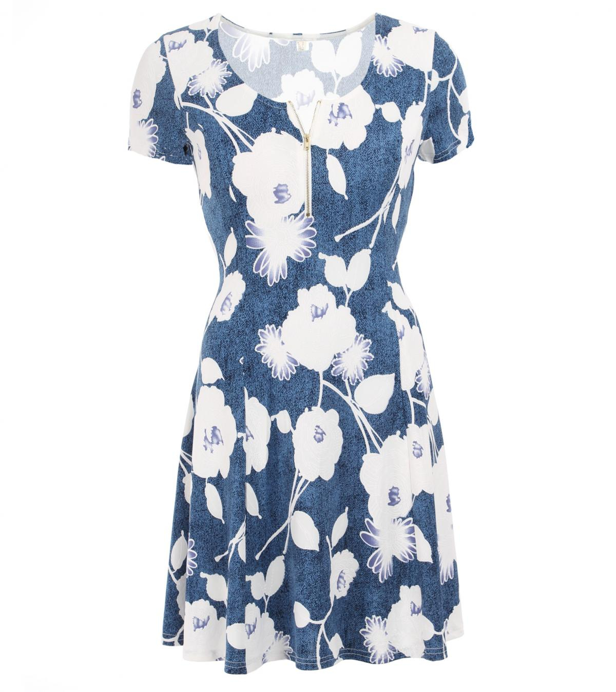 Denim Blue and White Floral Skater Dress