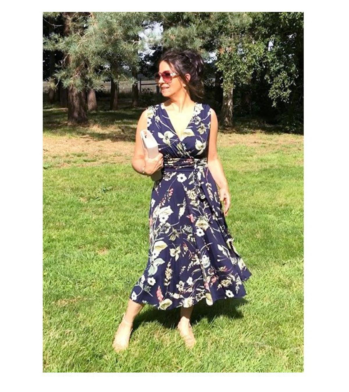 Navy Blue Floral V Neck Fit and Flare Dress