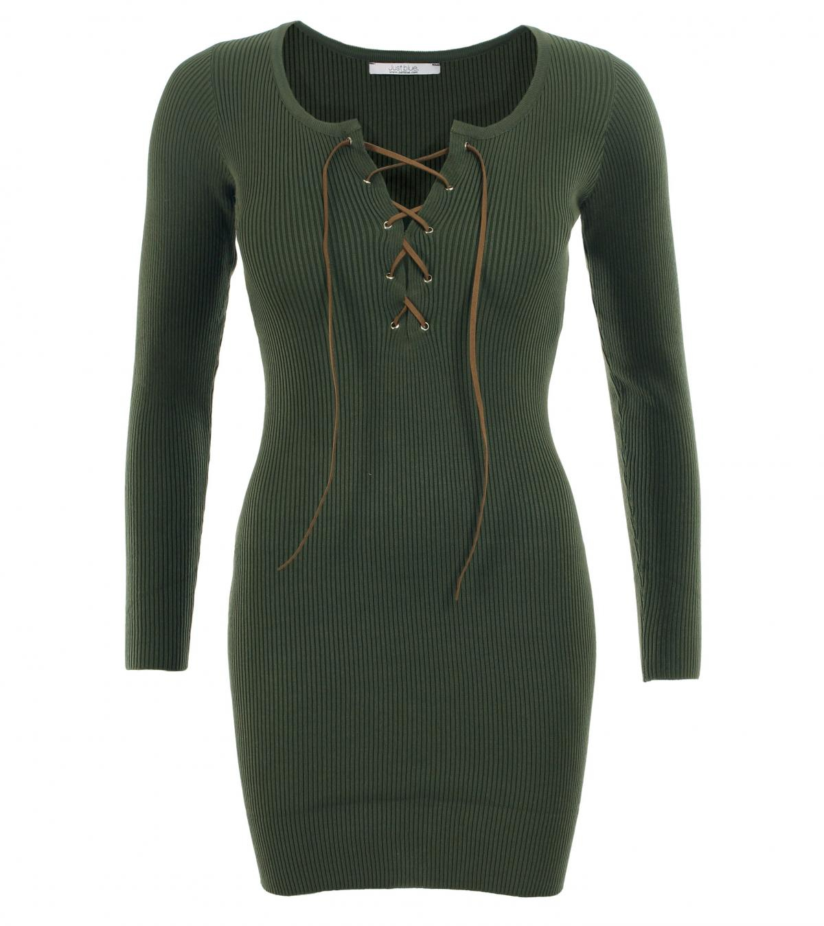 Khaki Green Lace up Ribbed Jumper