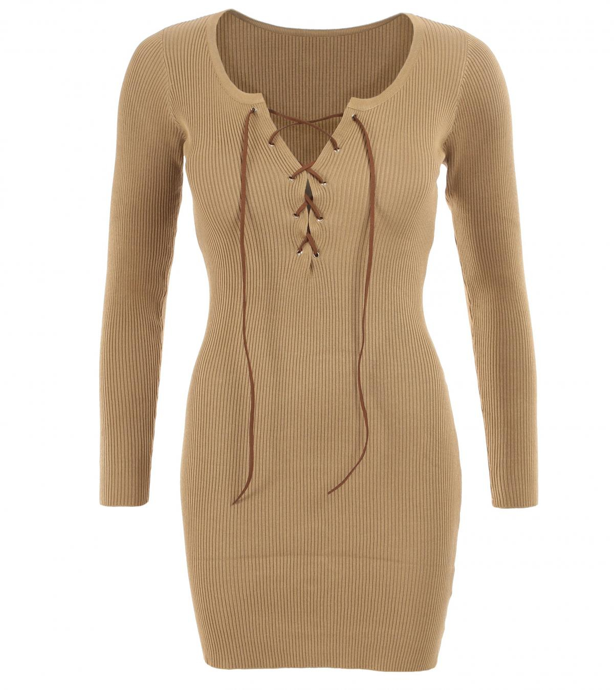 Camel Lace up Ribbed Jumper