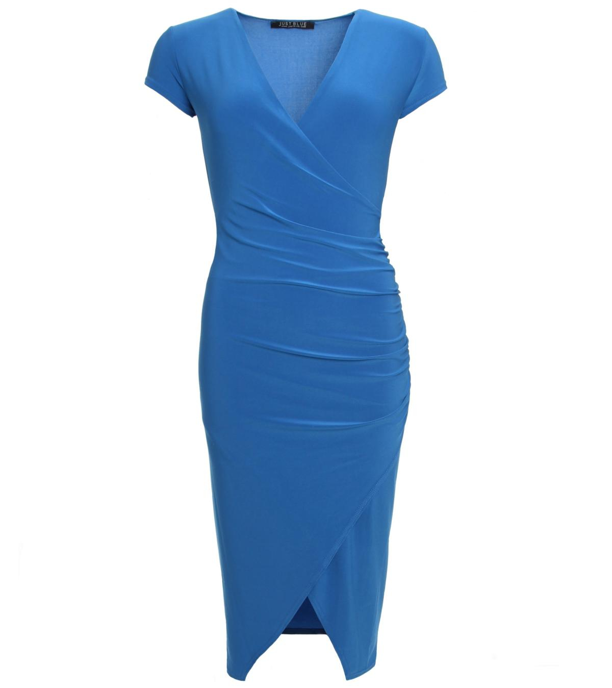 Blue Ruched Mock Wrap Dress