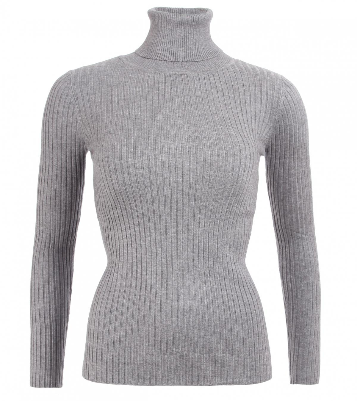 Grey Ribbed Polo Neck Clingy Jumper