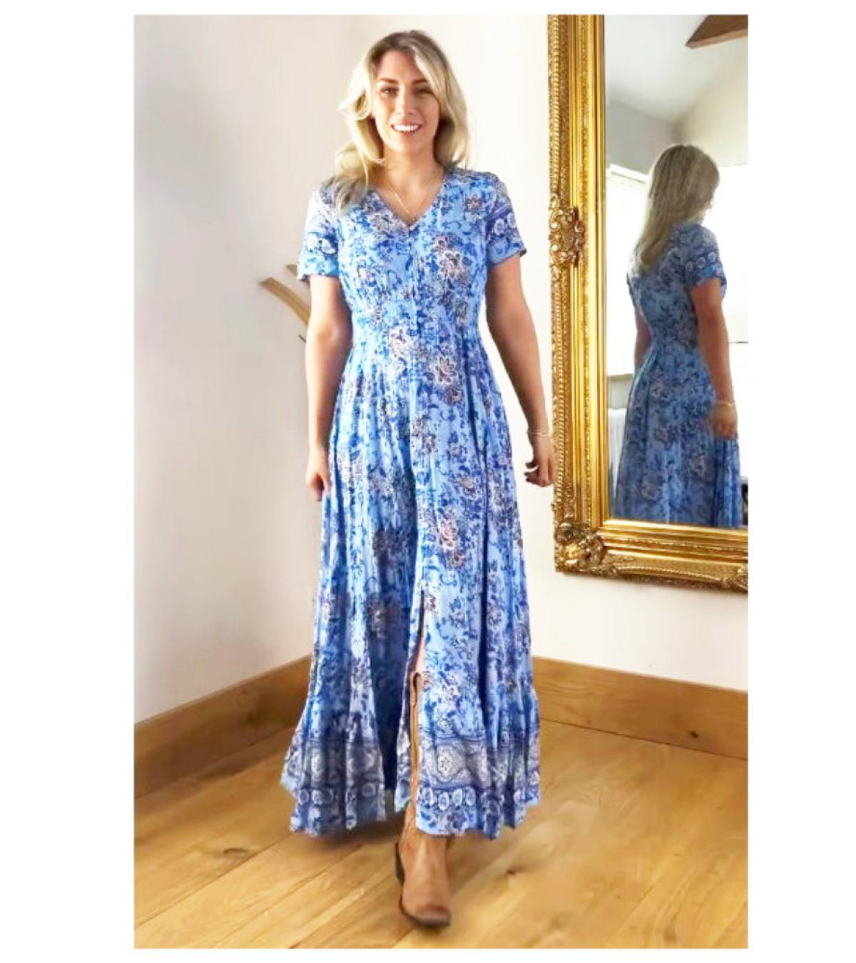 Blue Paisley Print Button Through Maxi Dress