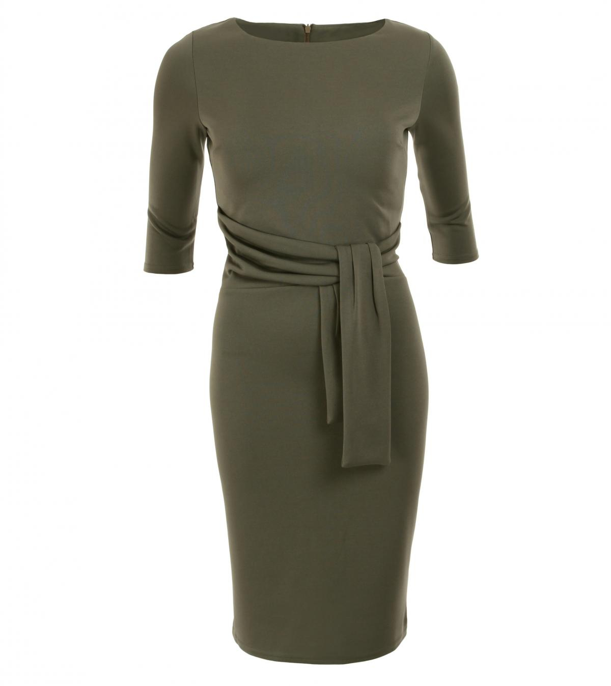 Khaki Sash Detail Pencil Dress
