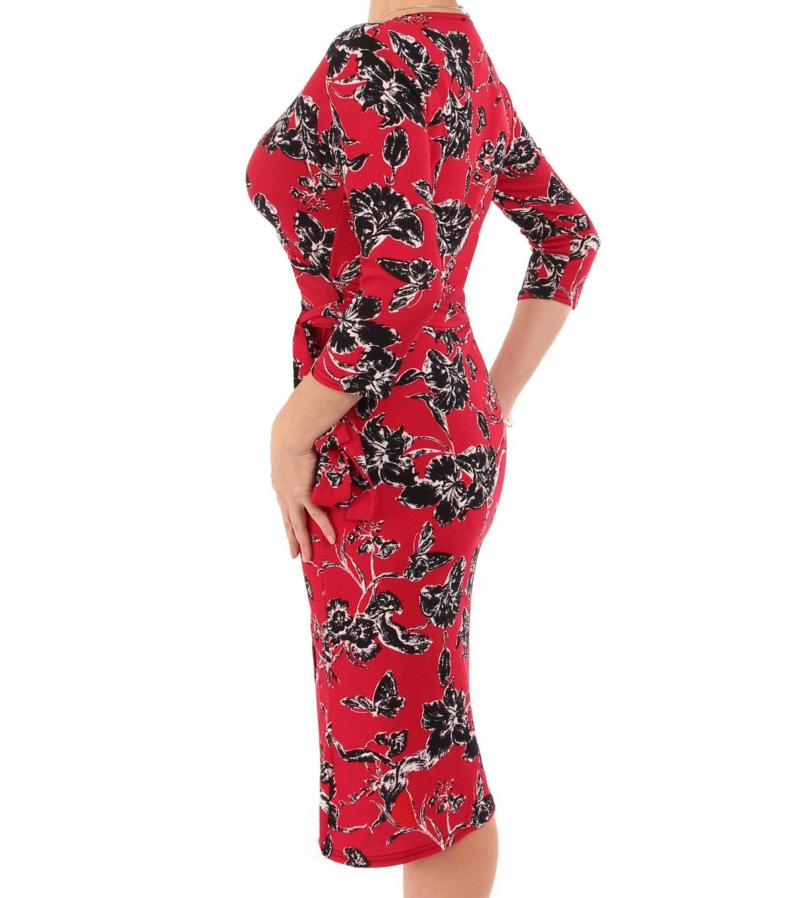 Red and Black Textured Floral Wrap Dress