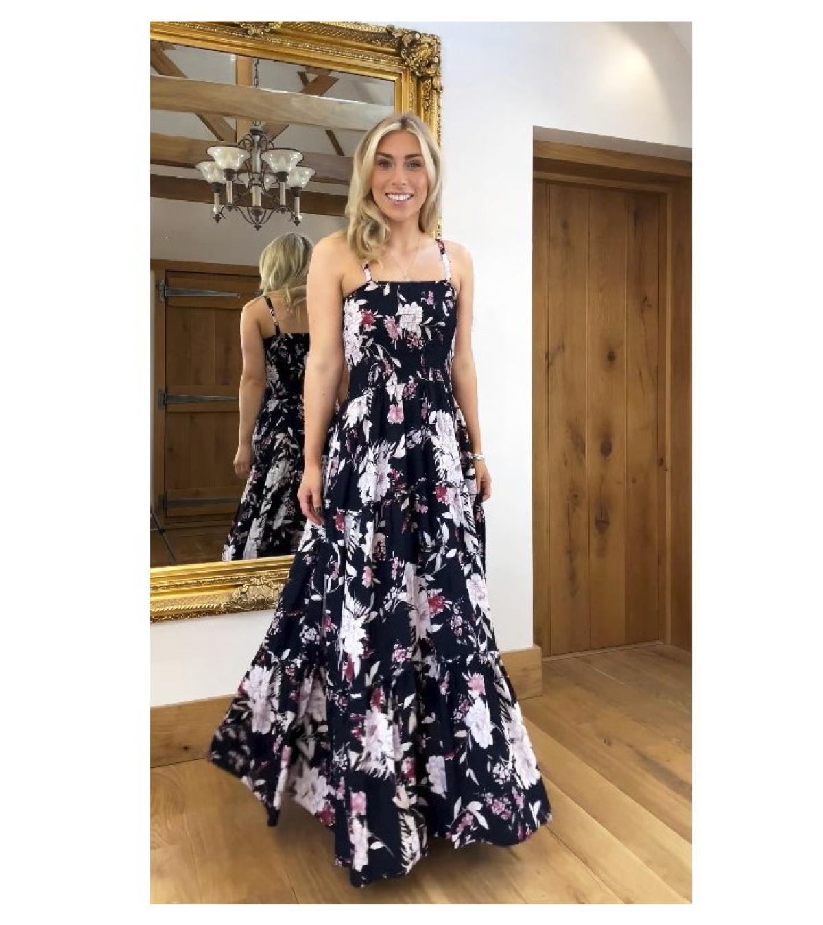 Navy Blue and Pink Floral Strappy Maxi Dress