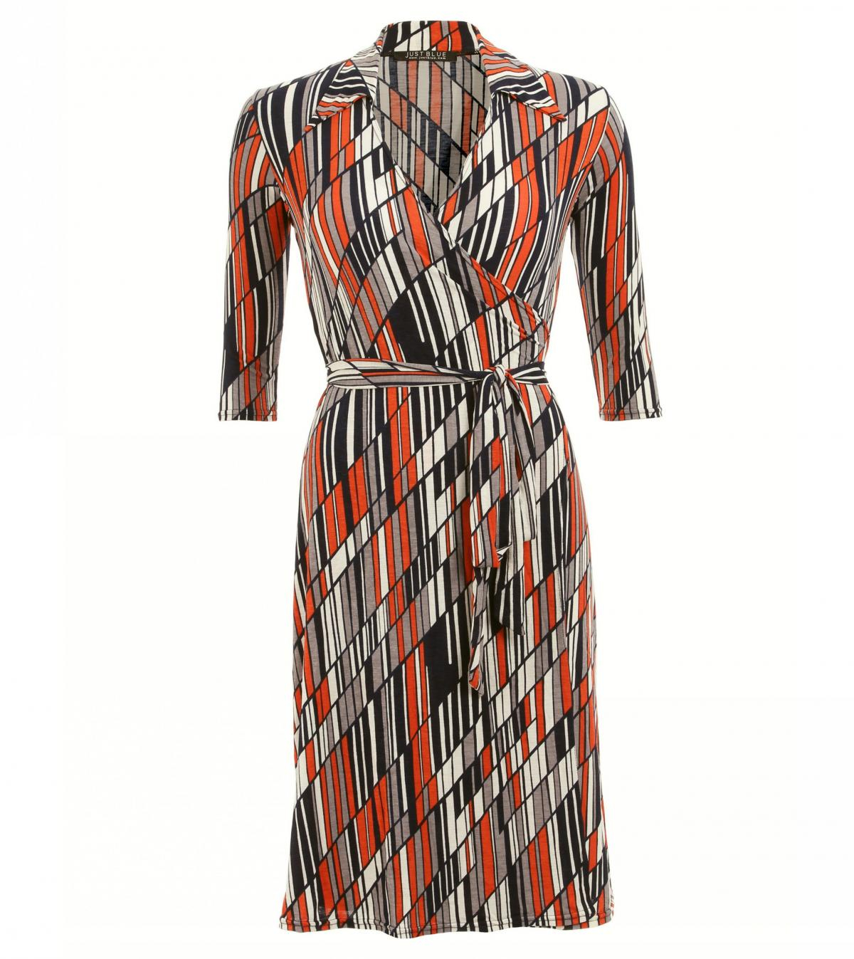 Orange and Navy Blue Printed Collared Wrap Dress