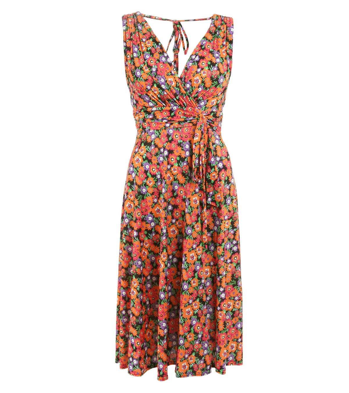 Orange Ditsy Print V Neck Fit and Flare Dress