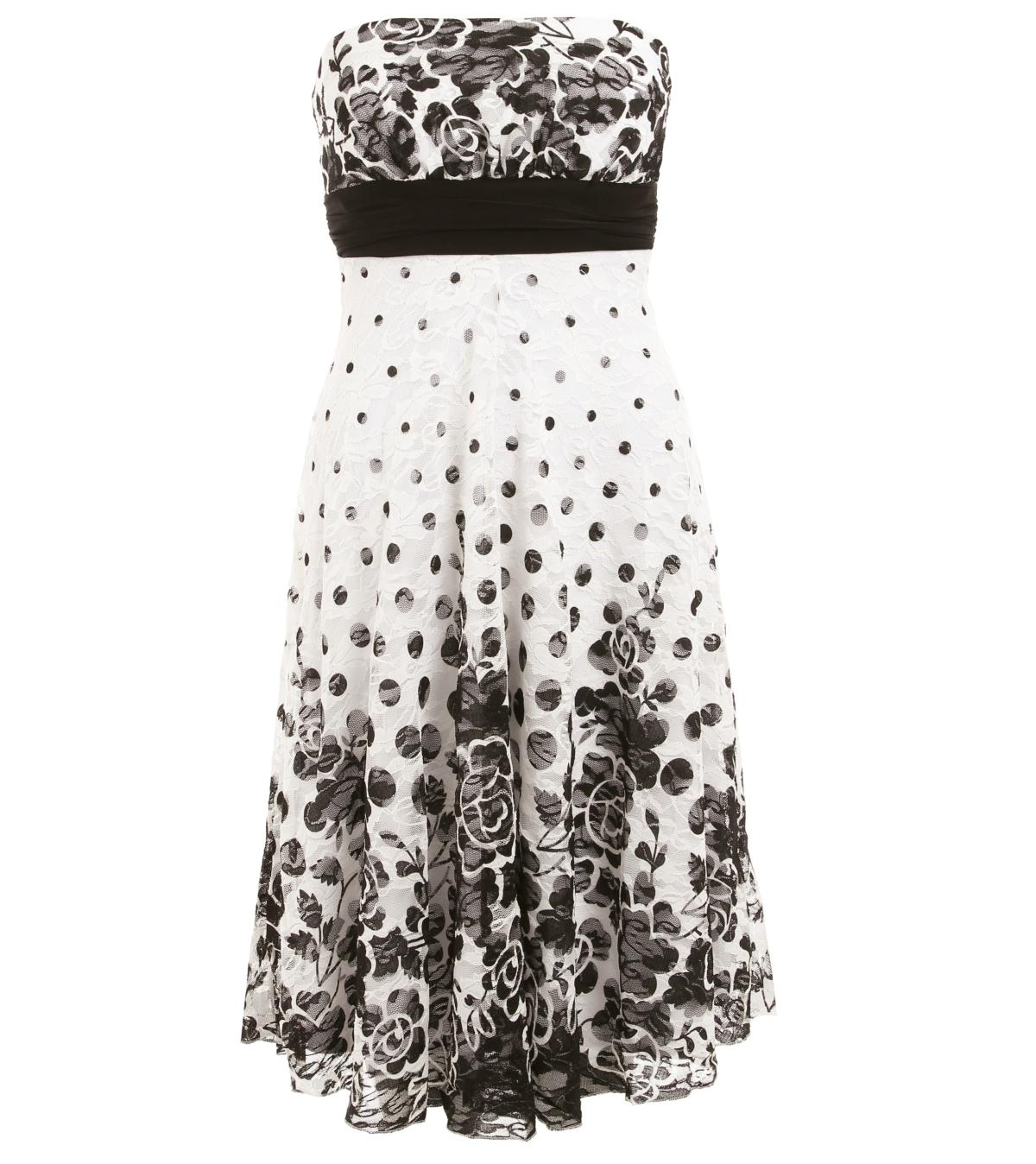 White and Black Floral Lace Strapless Dress