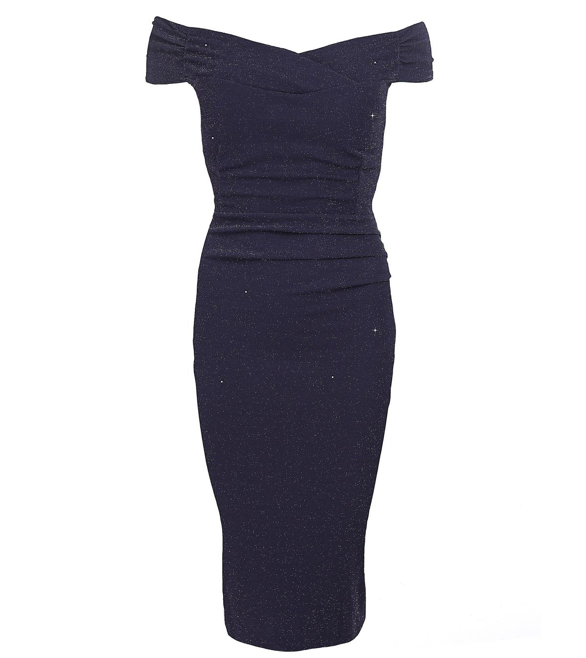Navy Blue Sparkle Bardot Pencil Dress