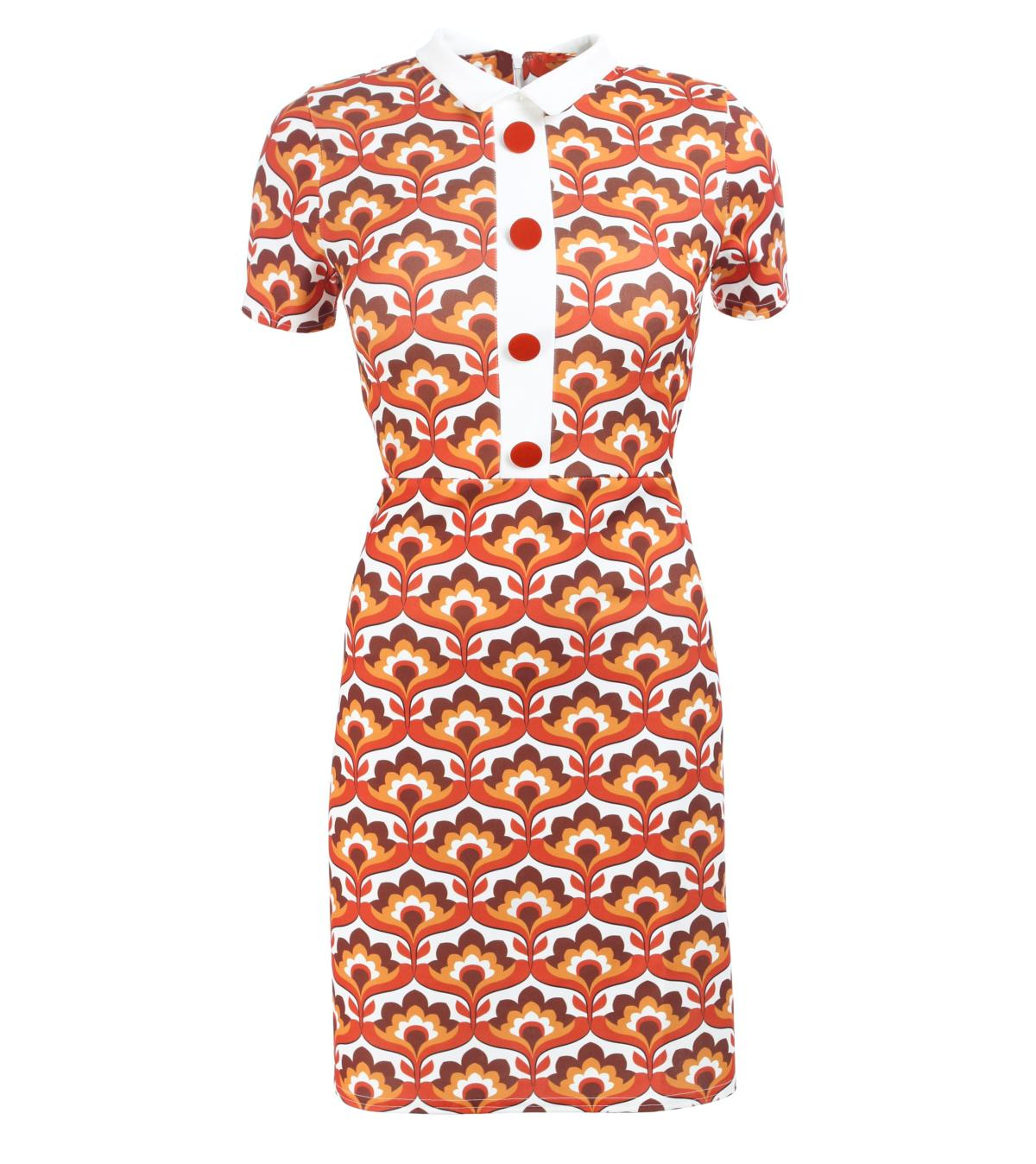 Orange and Brown Retro Print A Line Short Dress