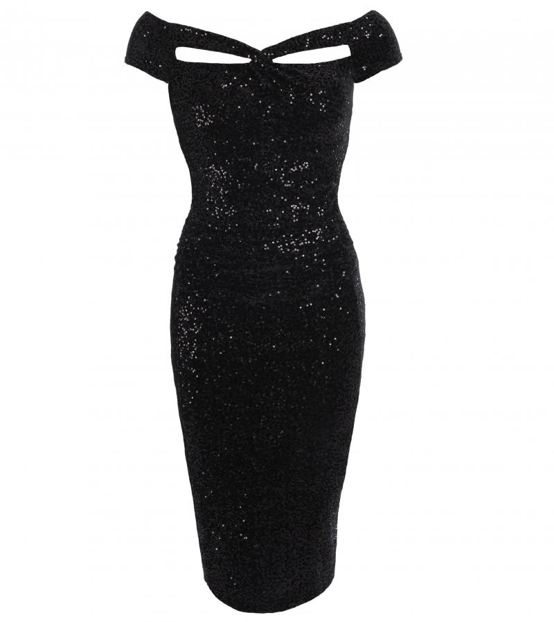 Black Velour Sequin Cut Out Cocktail Dress