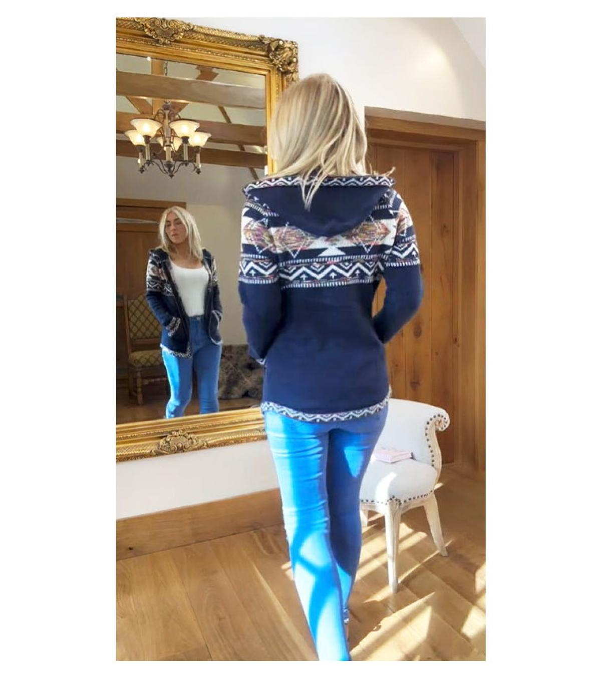 Navy Blue Aztec Zip up Hooded Cardigan