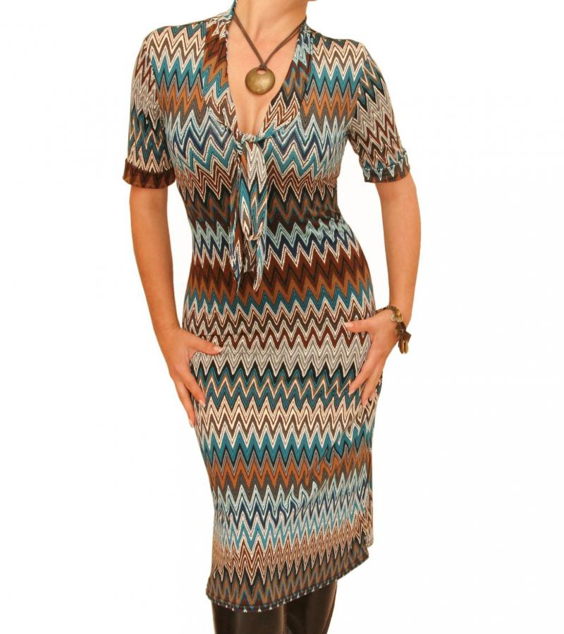 Teal Zig Zag Print Pussy Bow Dress