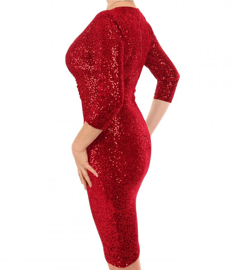 Red Velour Sequin Knee Length Dress