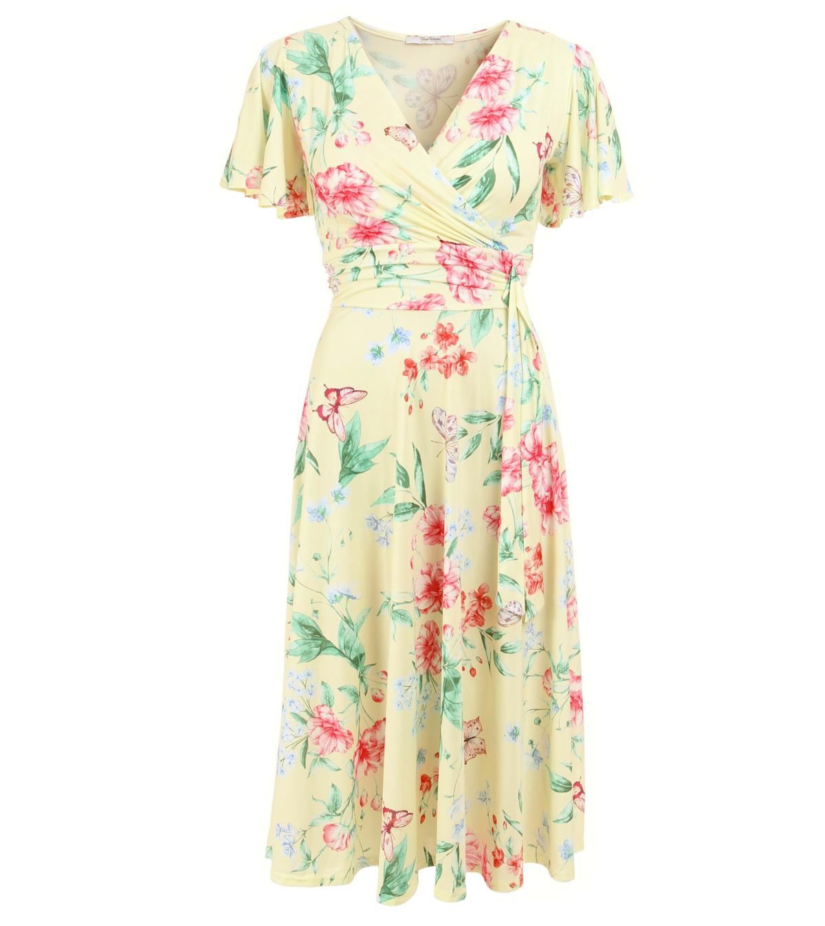 Lemon Floral Fit and Flare Flutter Sleeve Dress