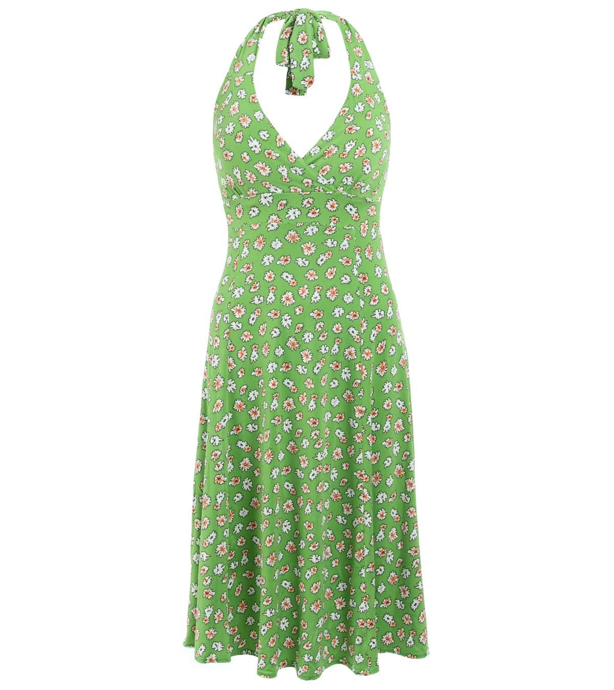 Green Daisy Floral Print Halter Neck Dress