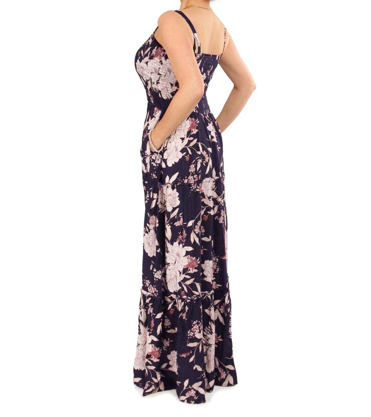 Navy Blue and Pink Floral Strappy Maxi Dress