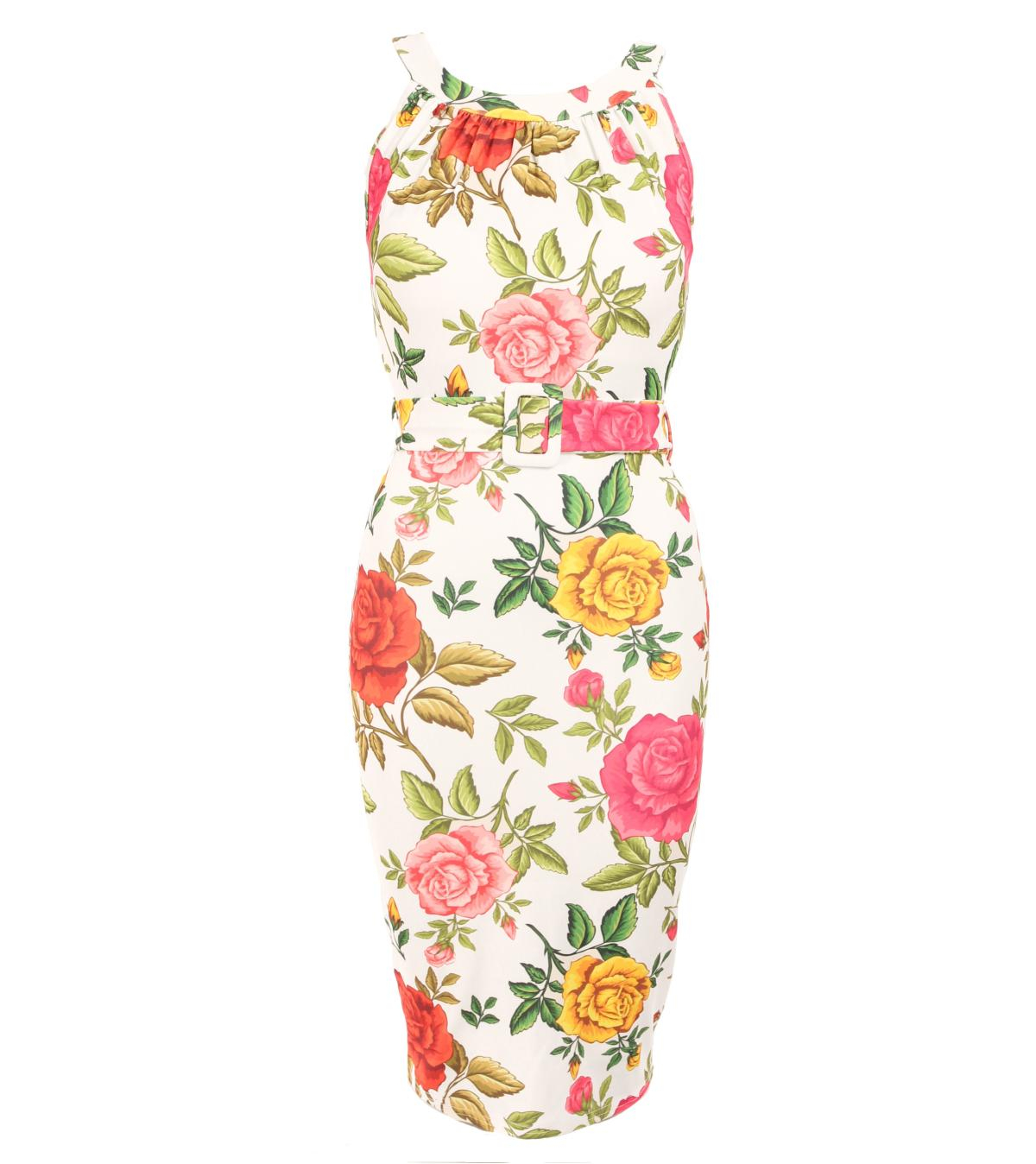 White Floral Sleeveless Pencil Dress