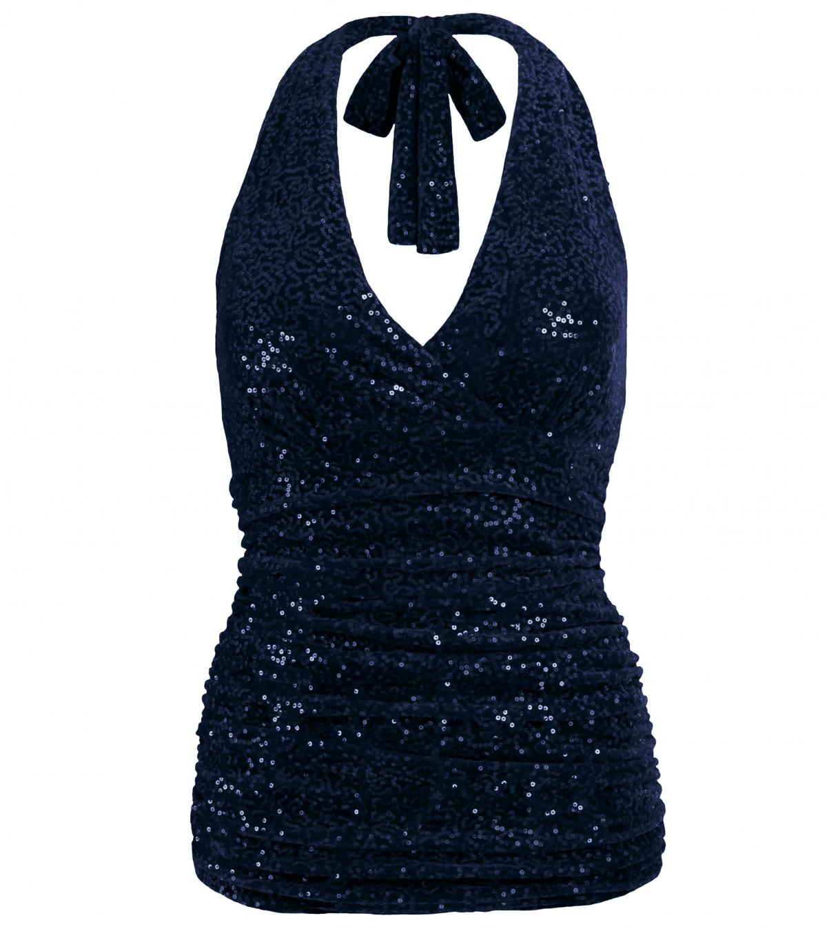 Navy Blue Velour Sequin Figure Hugging Halter Top