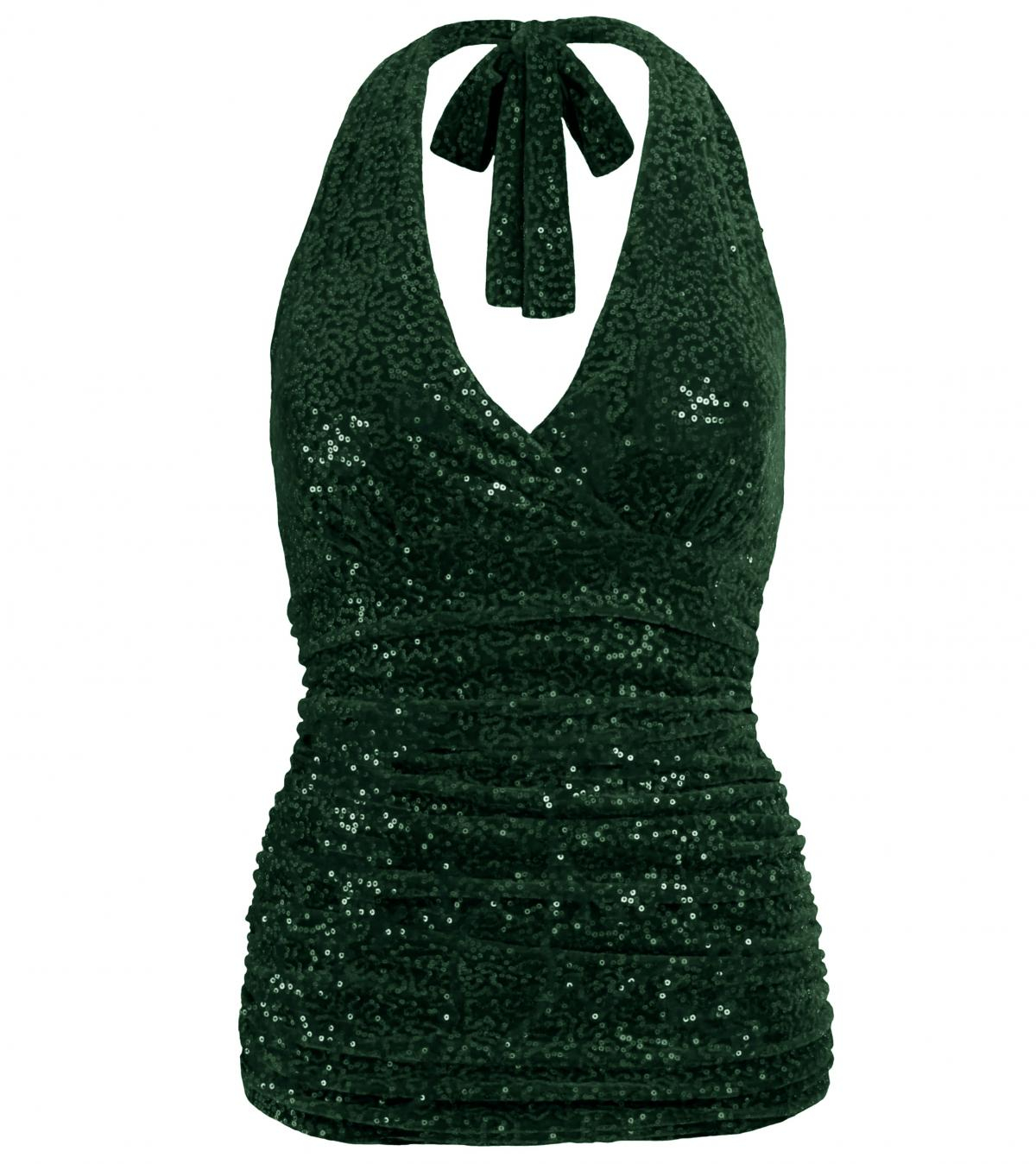 Green Velour Sequin Figure Hugging Halter Top