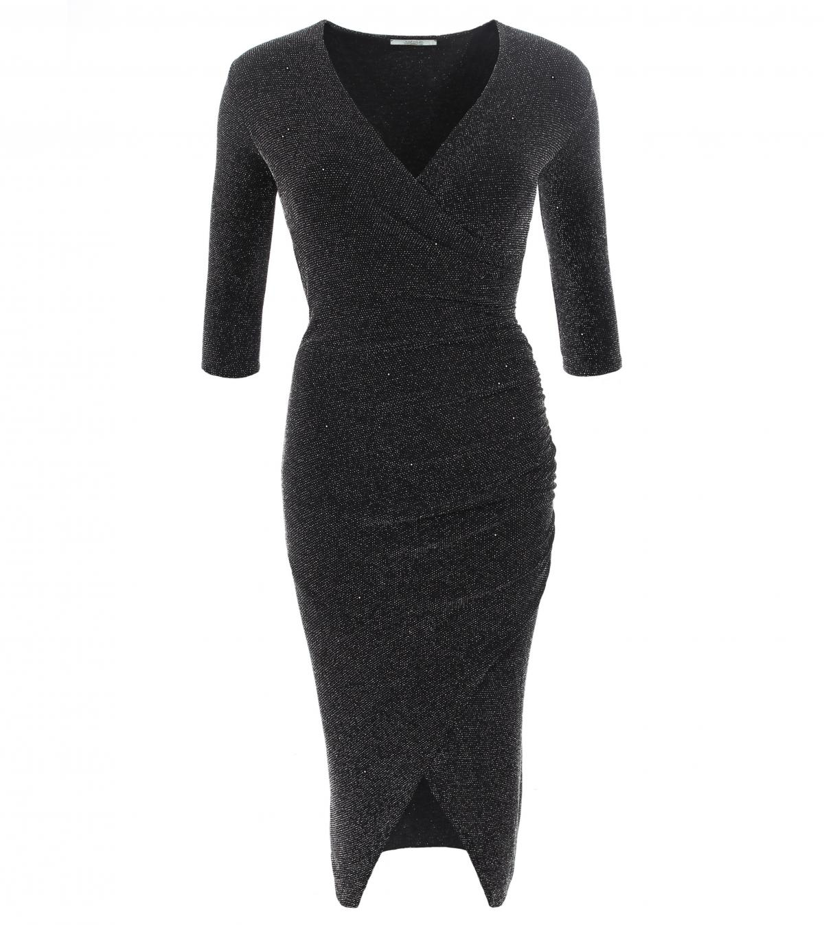 Black and Silver Sparkly Lurex Mock Wrap Dress
