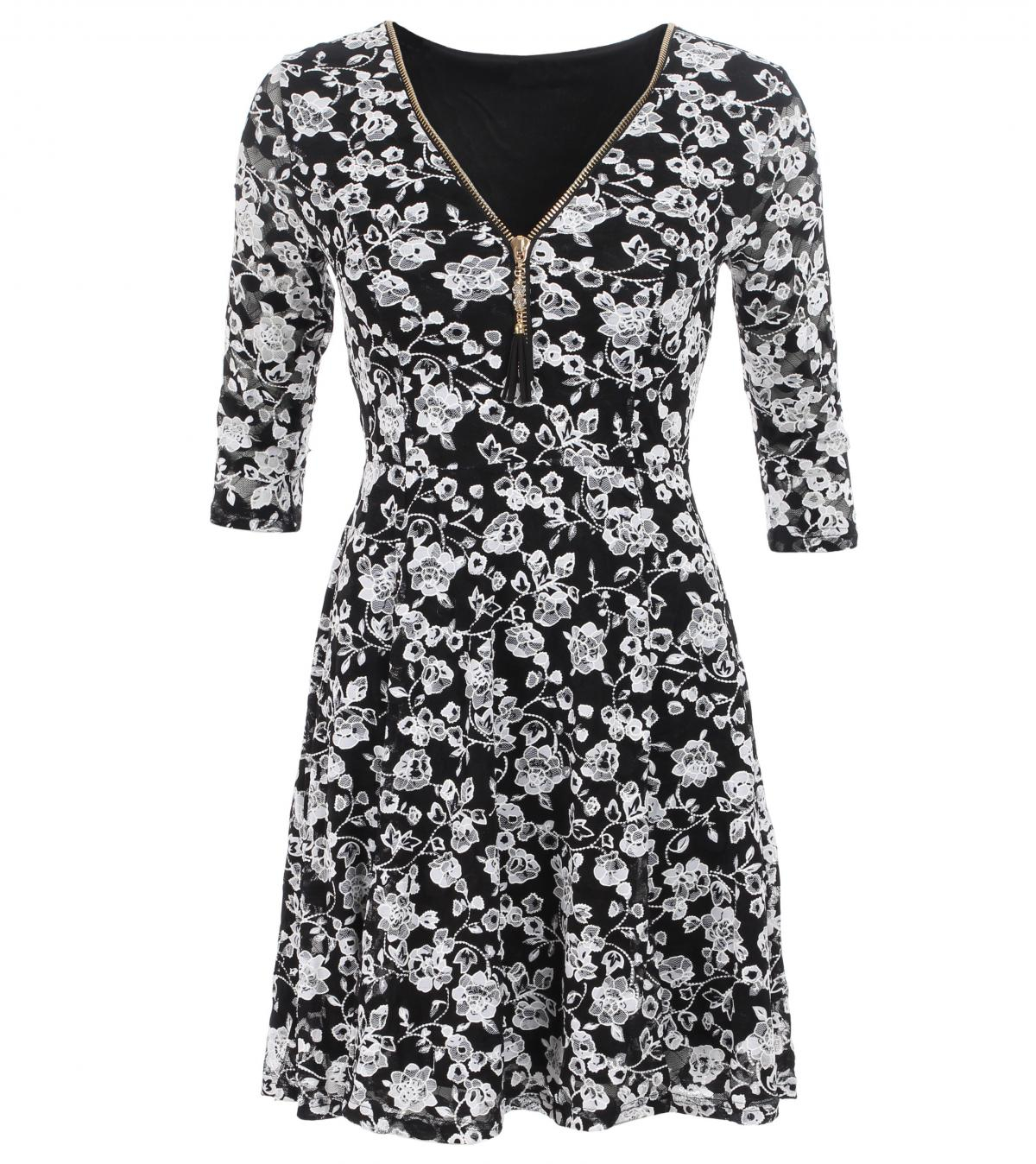 Black and White Lace Zip up Skater Dress