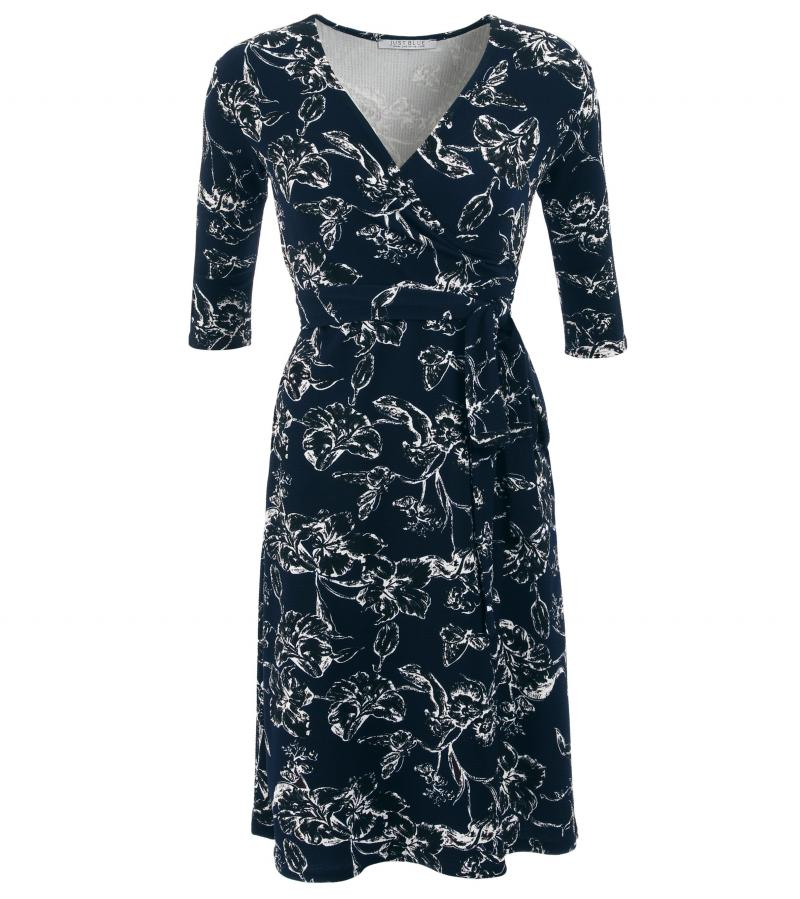 Navy Blue and White Textured Floral Wrap Dress