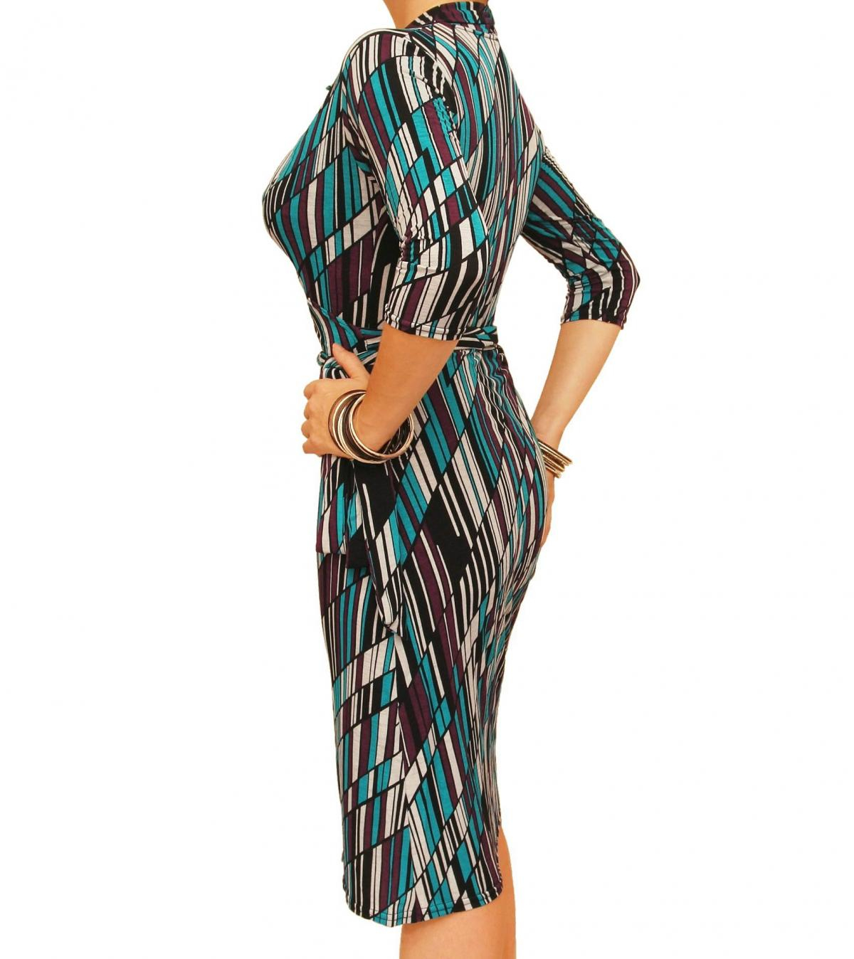 Teal and Purple Printed Collared Wrap Dress