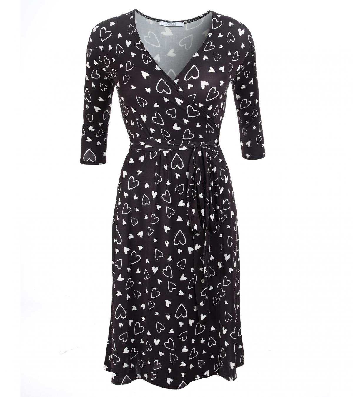 Black and White Heart Print Wrap Dress