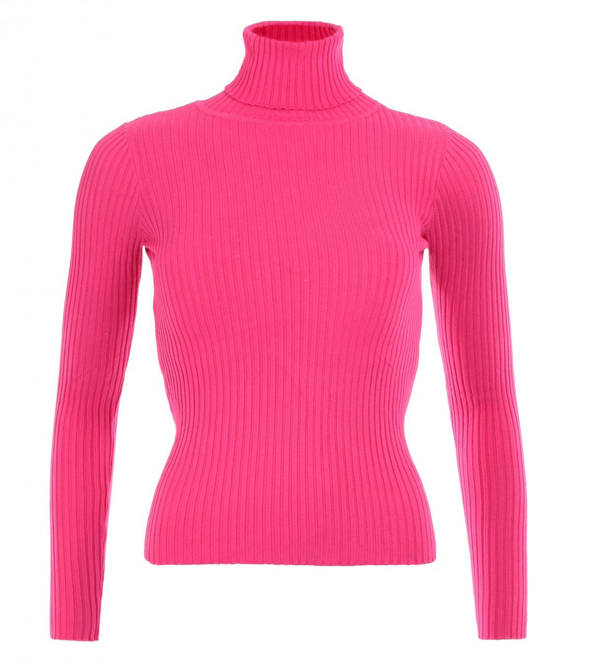Hot Pink Ribbed Polo Neck Clingy Jumper