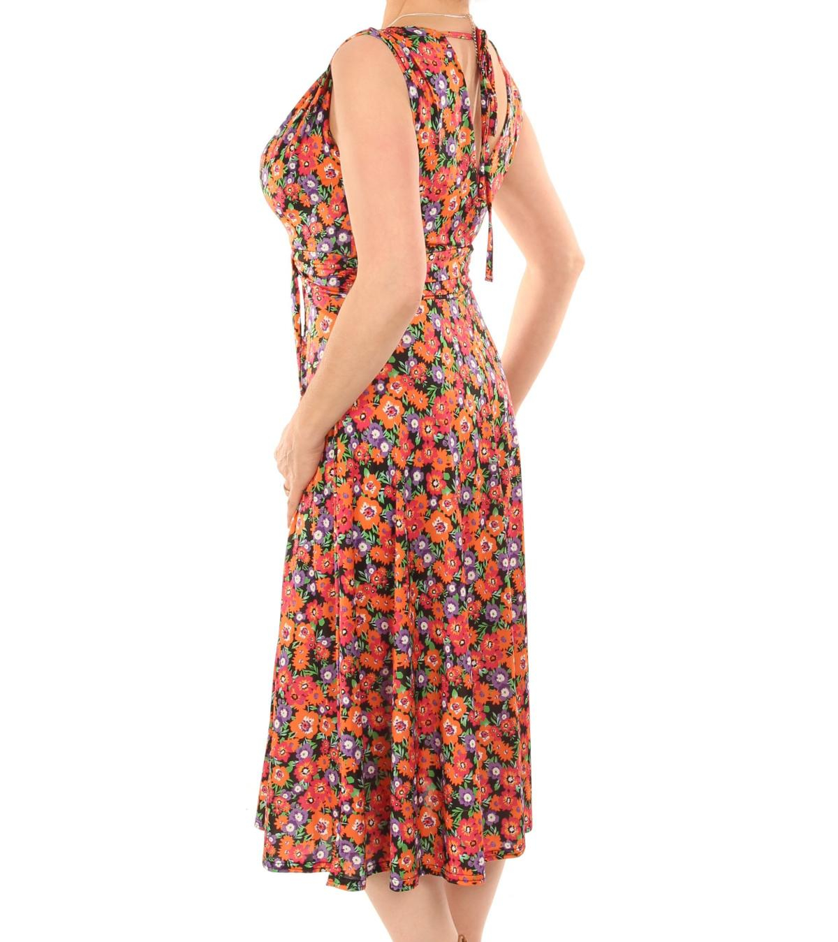 Orange Ditsy Print V Neck Fit and Flare Dress