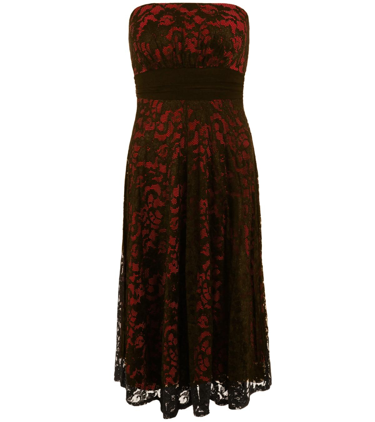 Red and Black Lace Strapless Dress