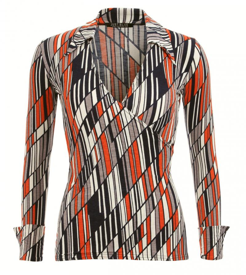 Orange and Navy Print Collared Stretchy Top