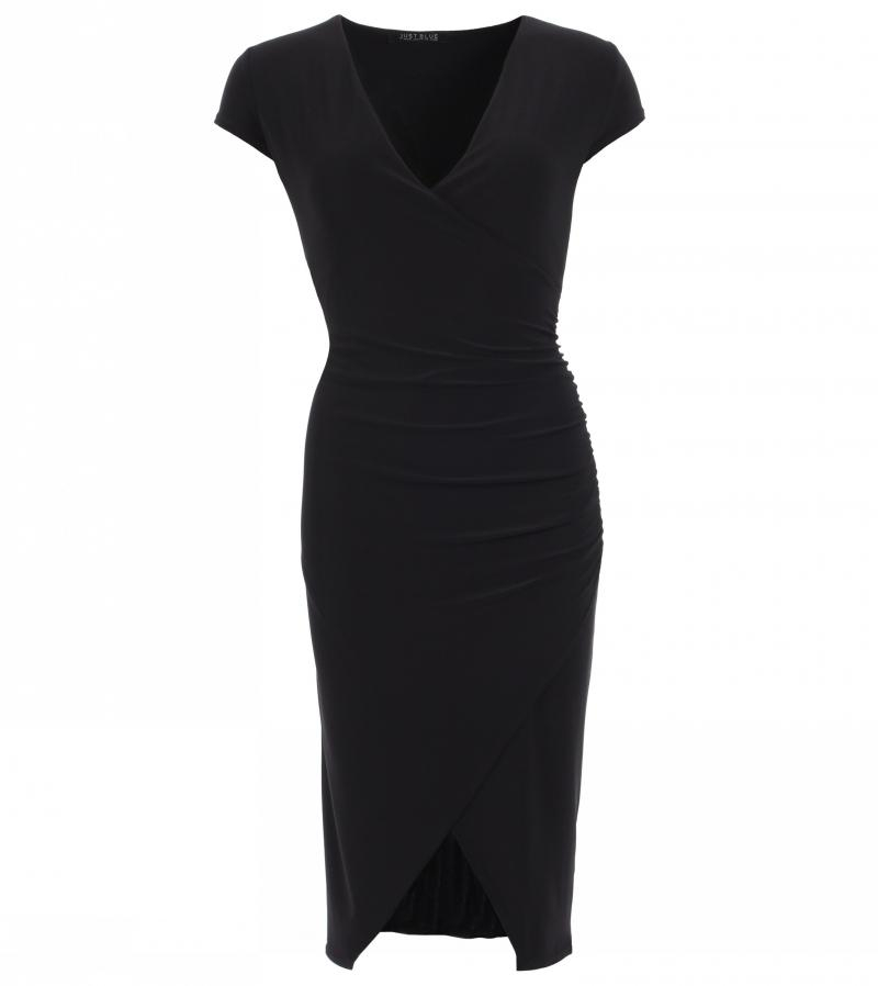 Black Ruched Mock Wrap Dress