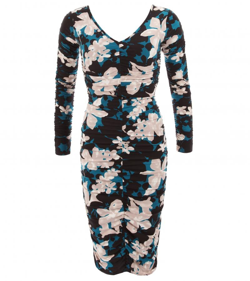 Teal Floral Ruched V Neck Dress