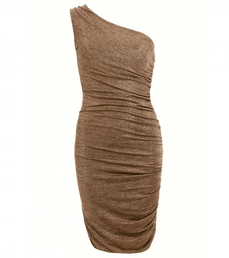 Dark Gold Figure Hugging Ruched Dress