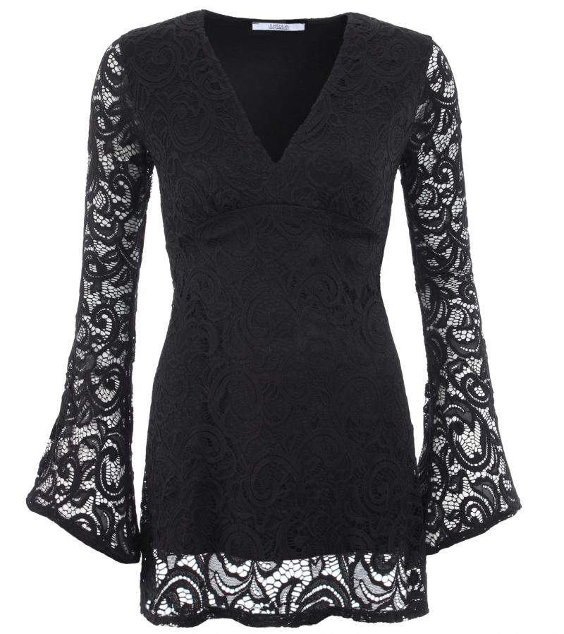 Black Crochet Lace Bell Sleeve Top