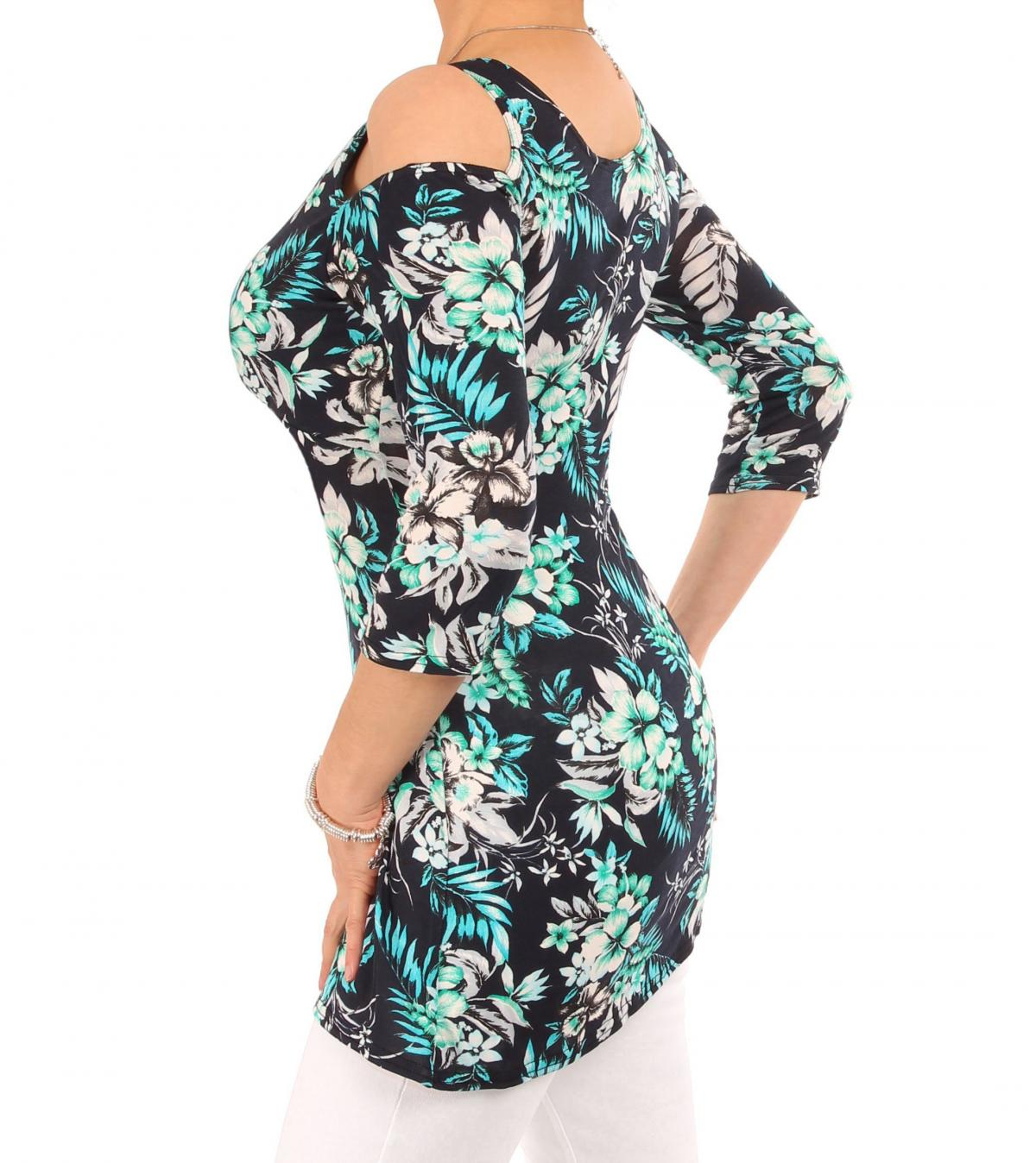 Navy and Turquoise Floral Cold Shoulder Top