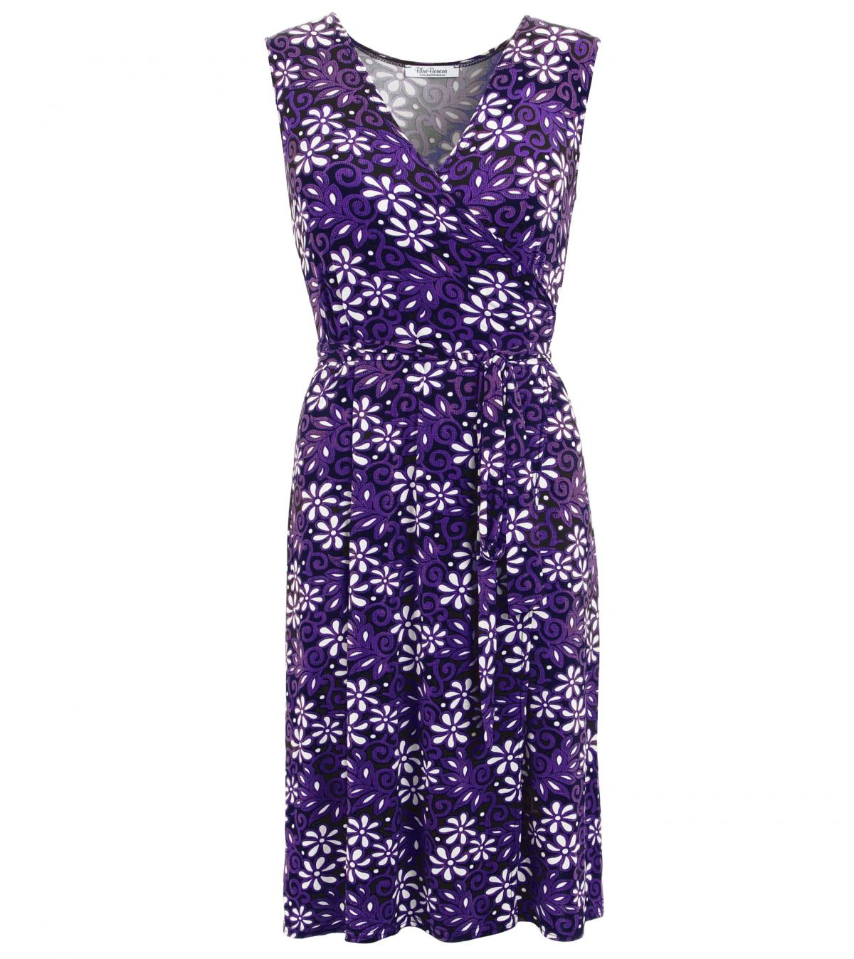 Purple Floral Print Sleeveless Wrap Dress