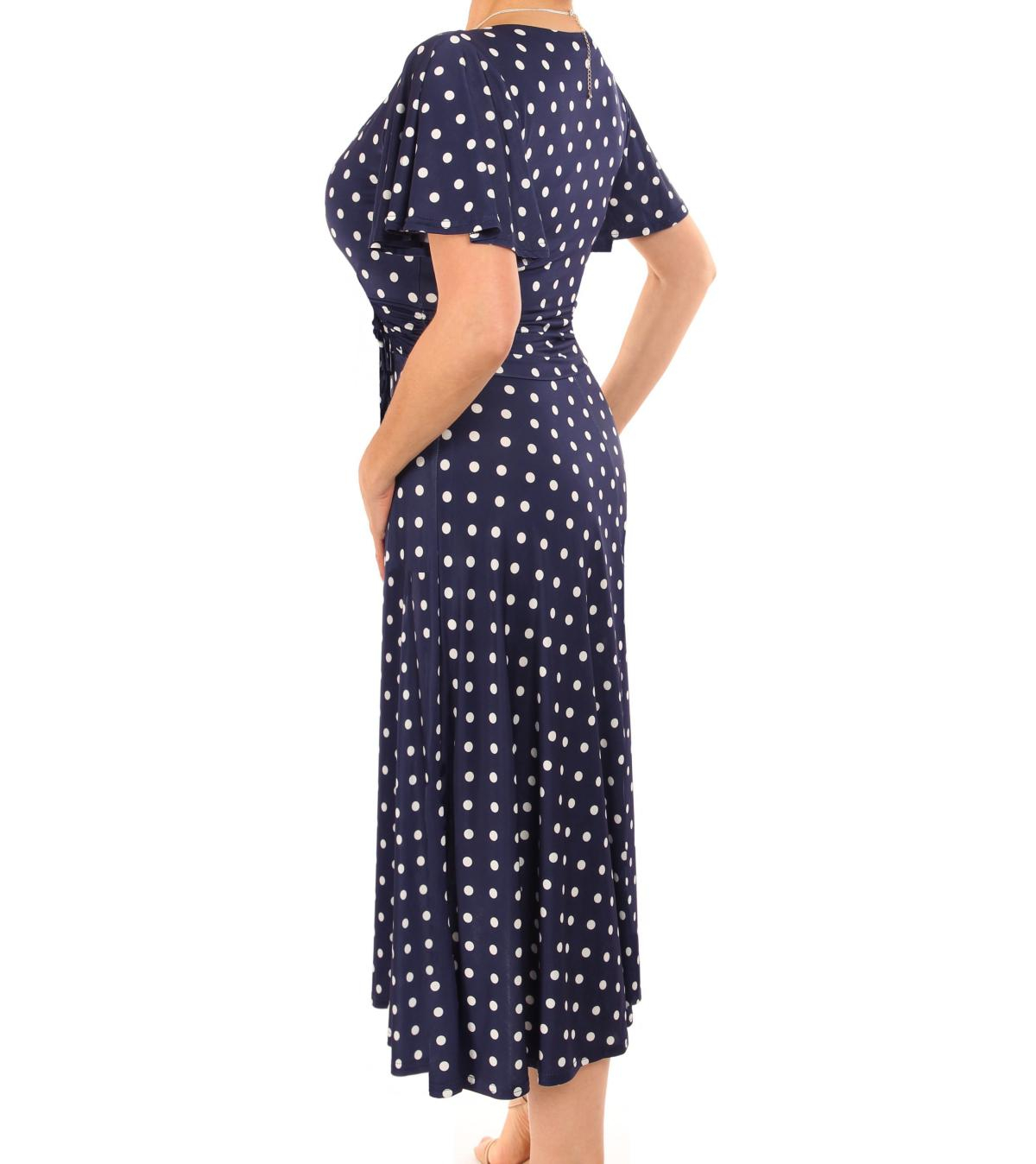 Navy Blue Spot Print Fit and Flare Flutter Sleeve Dress