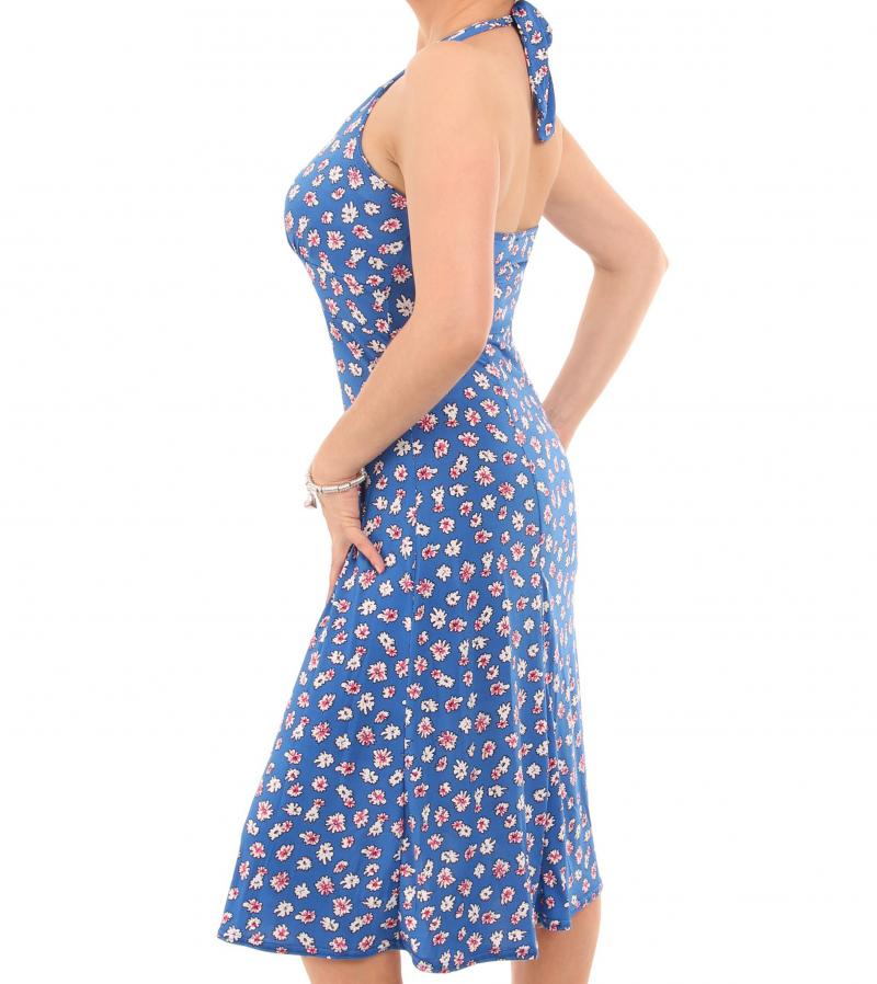 Blue Daisy Print Floral Halter Neck Dress