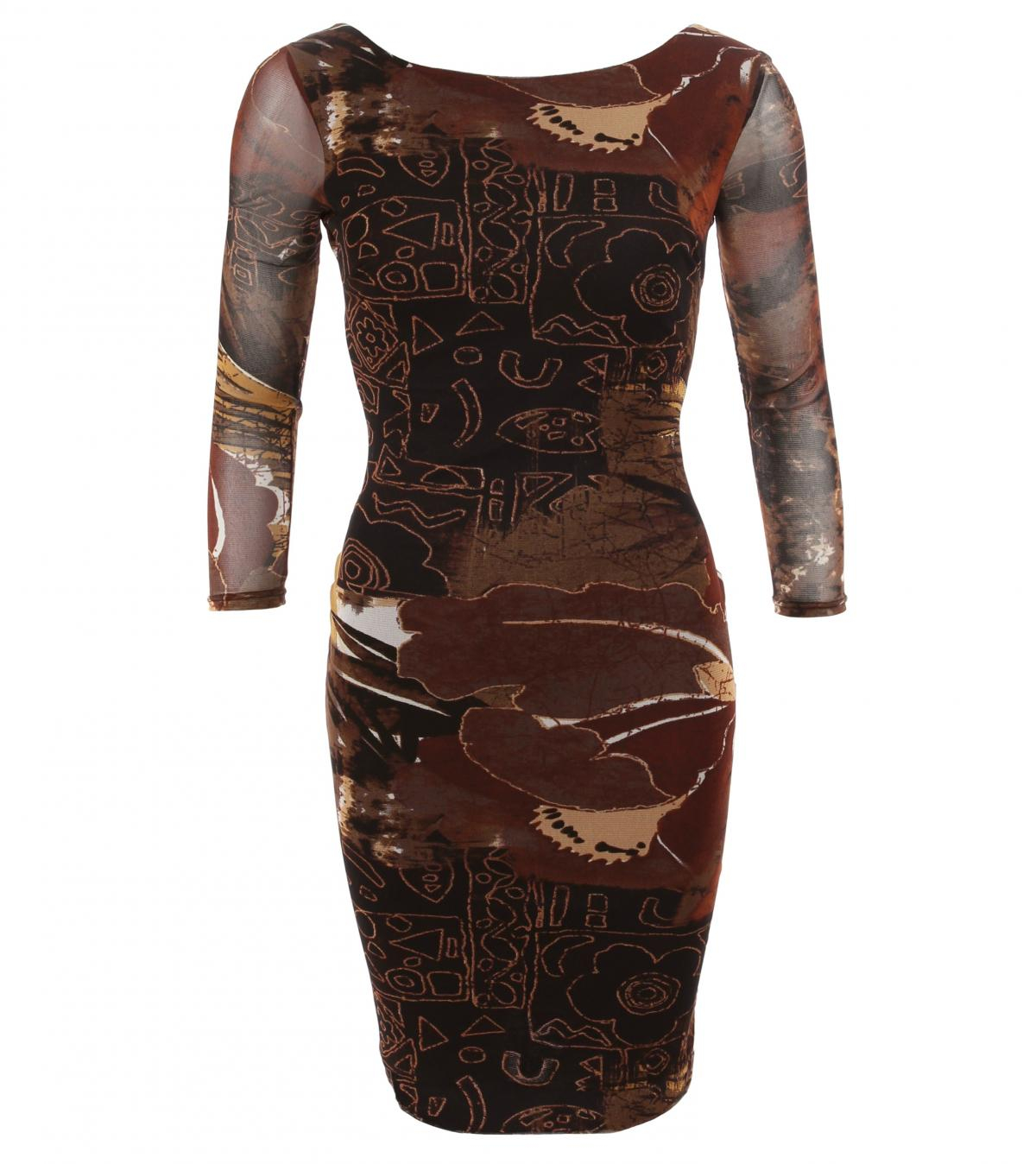 Brown Graphic Print Mesh Dress